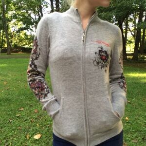 Ed Hardy Gray Zip Up Jacket with Vibrant Floral Accents